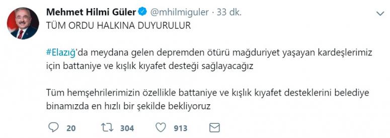 Ordu'dan Elazığ'a yardım eli